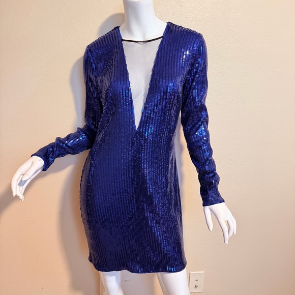 Bebe Blue Sequin Longsleeve Deep Plunge Sheer Panel Dress - Picture 7 of 12